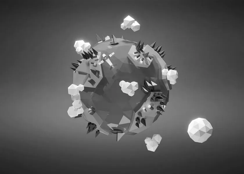 Low-poly globe scattered with virus particles
