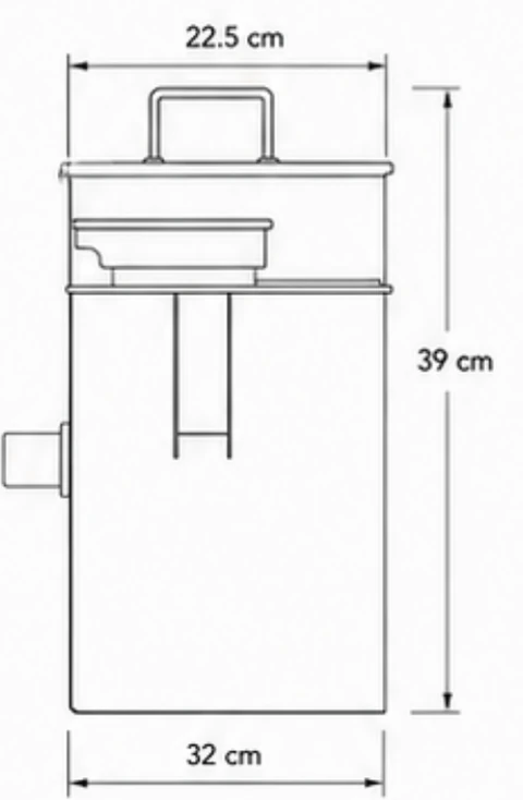 Dimensioned elevation of the grease trap: 22.5 cm deep, 32 cm wide and 39 cm high