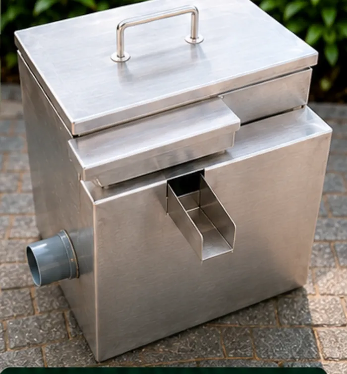 The Razak Three Type B stainless steel grease trap, lid closed, with its outlet scoop and 40mm side pipe