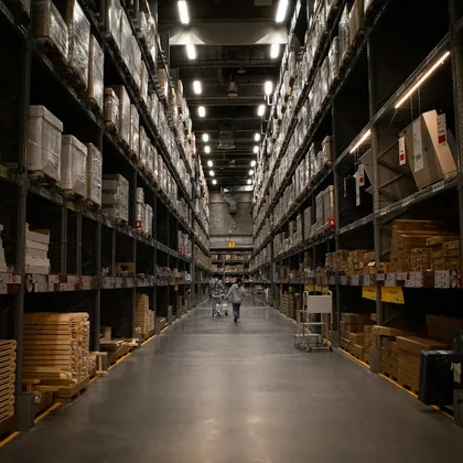 High-bay lighting running down a warehouse aisle