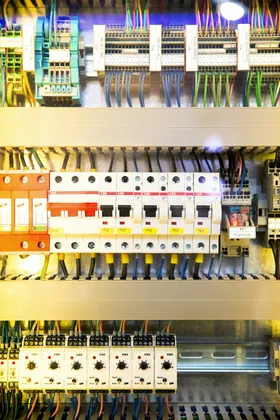 Miniature circuit breakers on a DIN rail