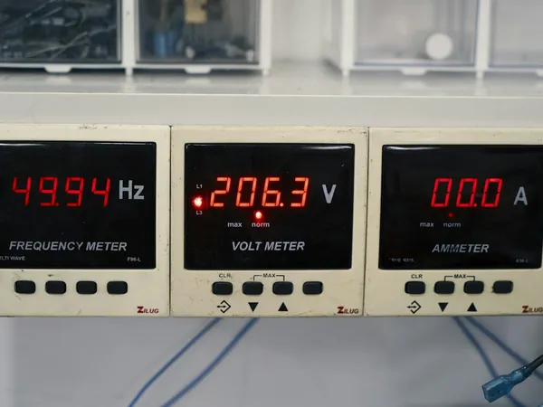 Digital panel meters reading frequency, voltage and current