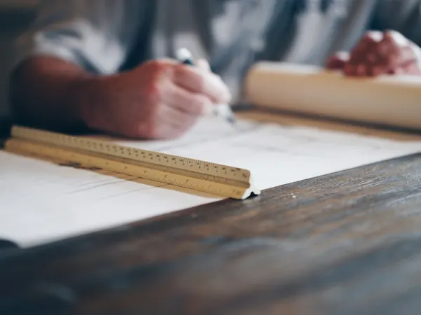 Estimators measuring a printed drawing by hand with a ruler