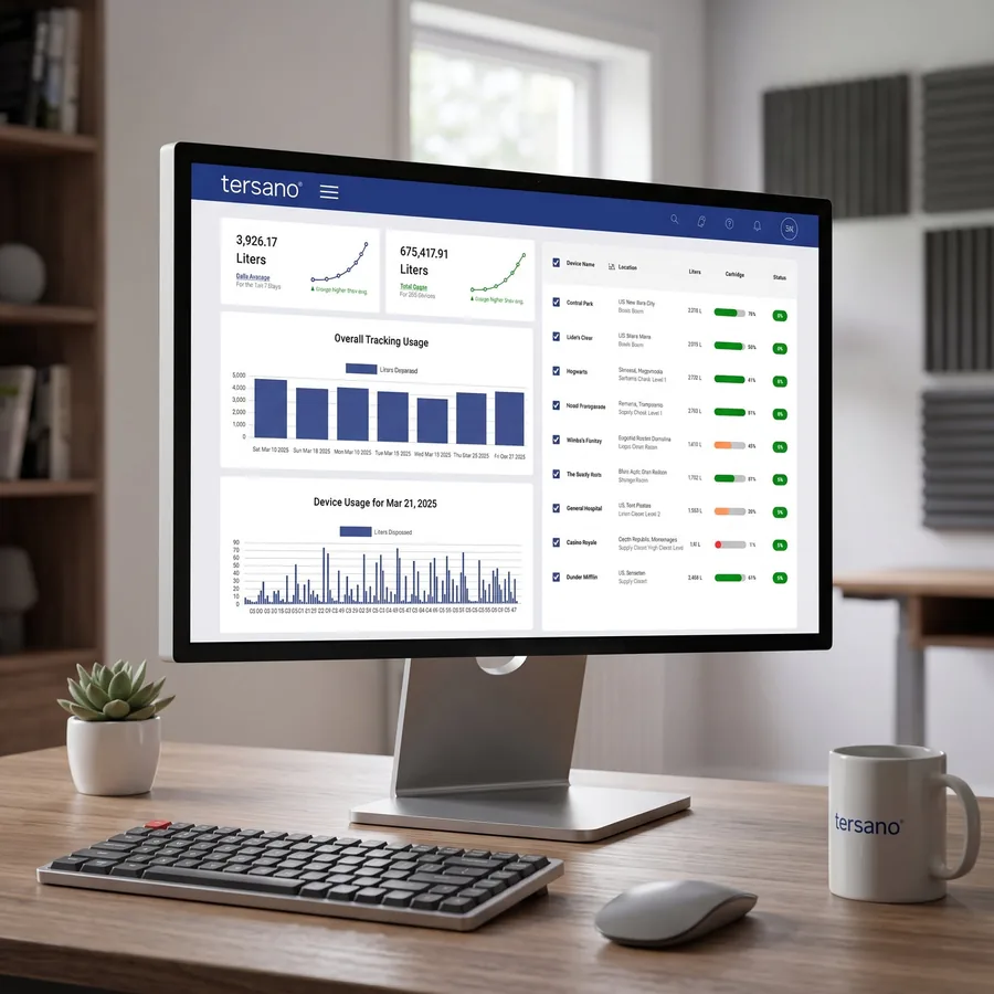 The iClean dashboard showing per-device water usage and cartridge life