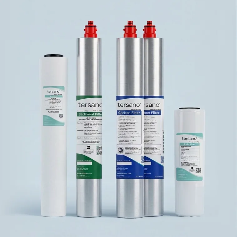 The five Lotus replacement filters — prefilter, sediment, two carbon and scale