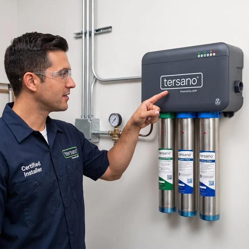 Certified installer beside a wall-mounted Lotus unit and its three filter housings