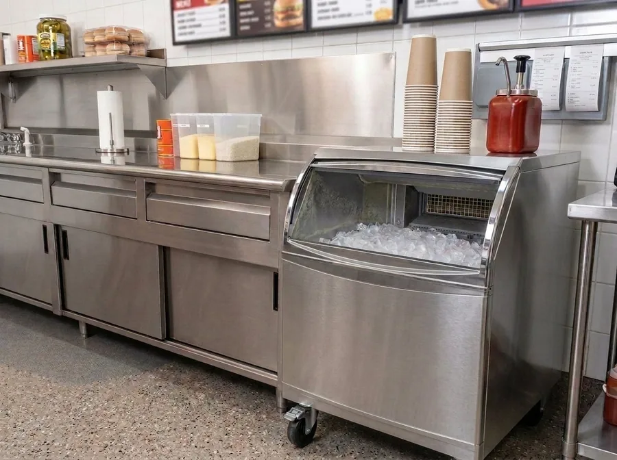 Ice machine and drinks station in a quick-service restaurant kitchen