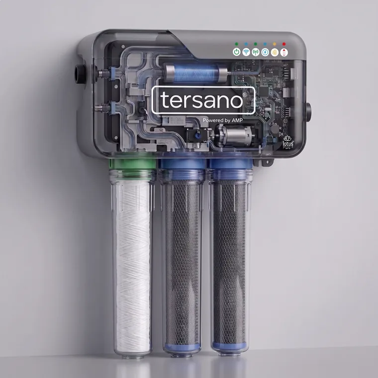 Cutaway of the Lotus wall unit showing its three filter cartridges