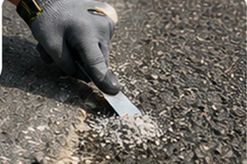 Smoothing the fresh sealant with a spatula and sprinkling chippings