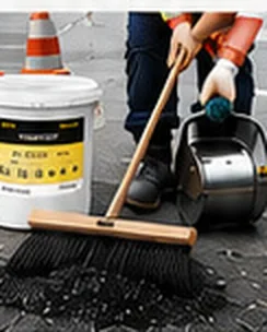 Sweeping loose debris from the road surface with a broom