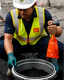 Worker adding water to Viacore in a mixing tub
